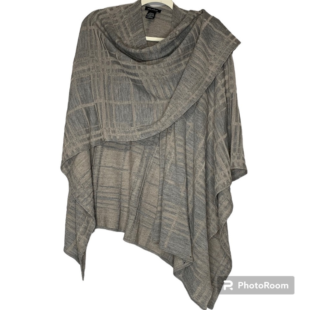 FRAAS grey and taupe woven plaid acrylic kaftan wrap. OSFA